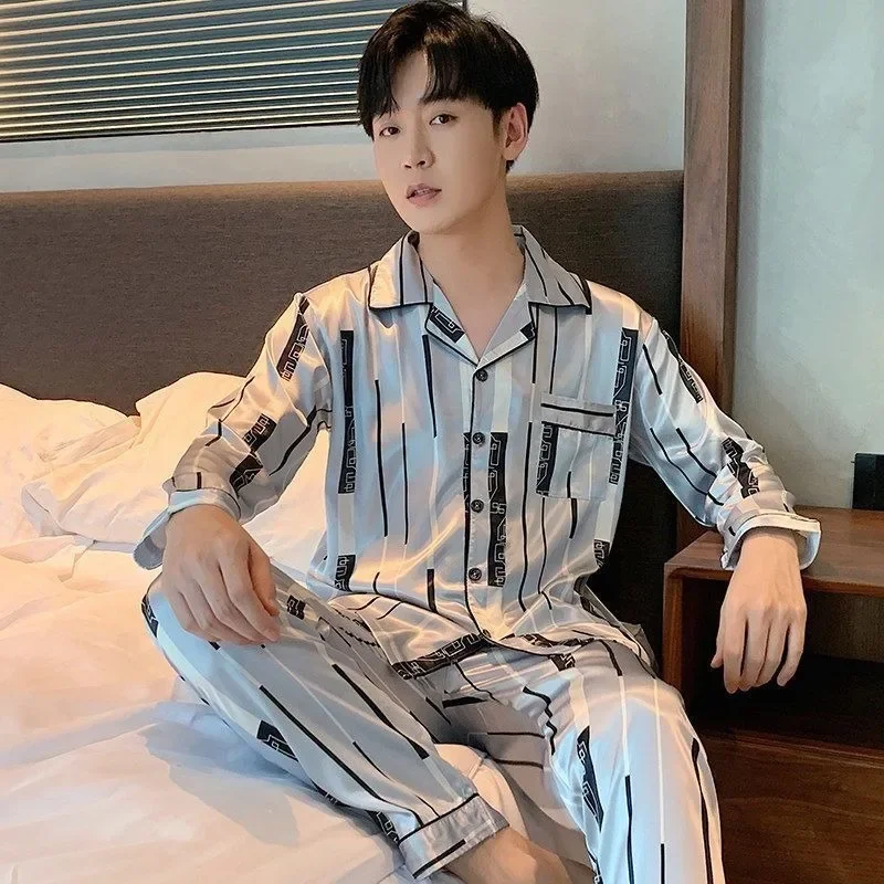 2024 New Men Ice Silk Long Sleeve Spring Autumn Large Thin Premium Striped Leopard Pattern Cardigan V-neck Loose Homewear Suit