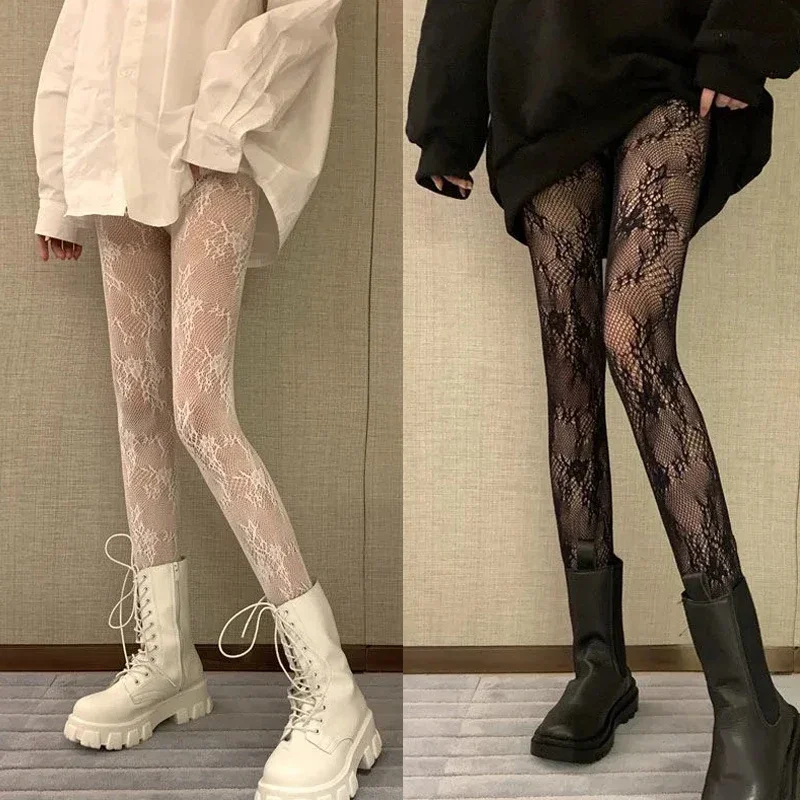 

Gothic Tights Women Leggings Lolita Hollowed Out Mesh Stockings Japanese Bottomed Lace Pantyhose Floral Rattan Black Stocking