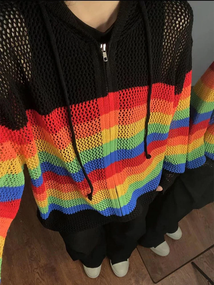 Fashion Rainbow Striped Knitted Cardigans Men Hoodie Autumn Trendy Patchwork Hollow Out Mesh Hooded Jackets Mens Outerwear