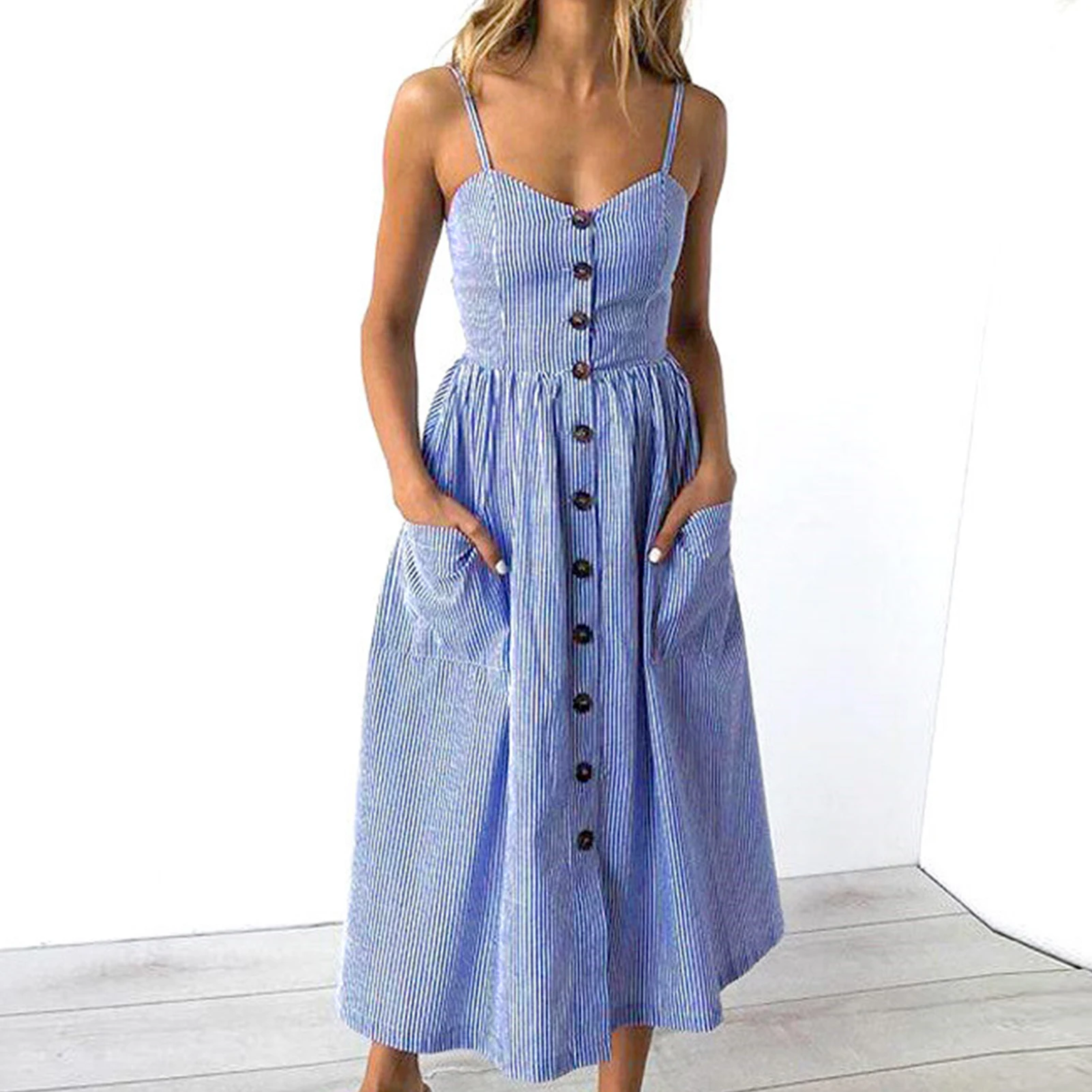 

Women Sling Maxi Dress Bohemian Style Striped Spaghetti Strap Dress Single Breasted with Pockets V Neck Vacation Outfit