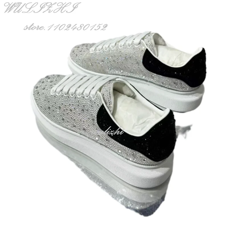 Black White Crystal Casual Sneakers Women Shiny Bling Flats Summer Lace Round Toe Genuine Leather Soft Comfortable Catwalkshoes