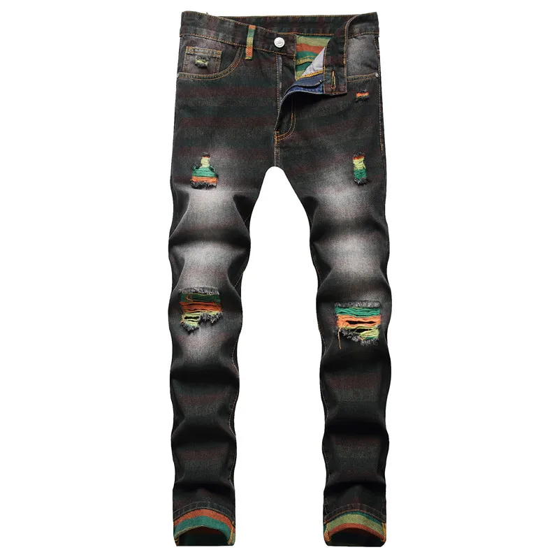 

Mens Jeans High Street New Large Size Non-elastic Casual Black Holes Mid-waist Denim Trousers Streetwear Ripped Jeans