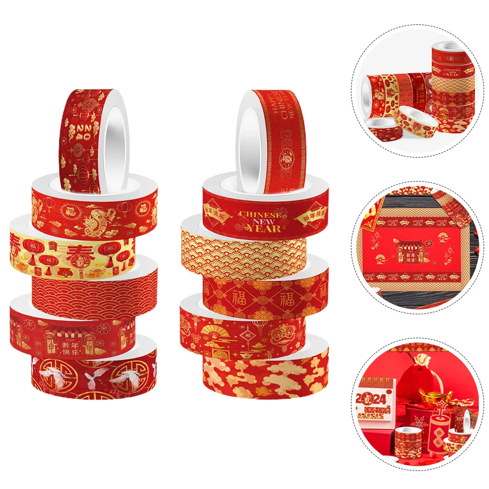 

12 Rolls Washi Tape Chinese New Year Style Red Set 2024 Spring Festival Tapes Diy Label Scrapbooking Dragon Decor