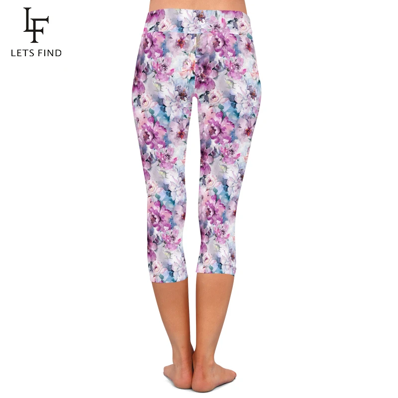 LETSFIND Summer Beautiful Flowers Print Capri Leggings High Waist  Soft and Comfortable Fitness Mid-Calf Leggings