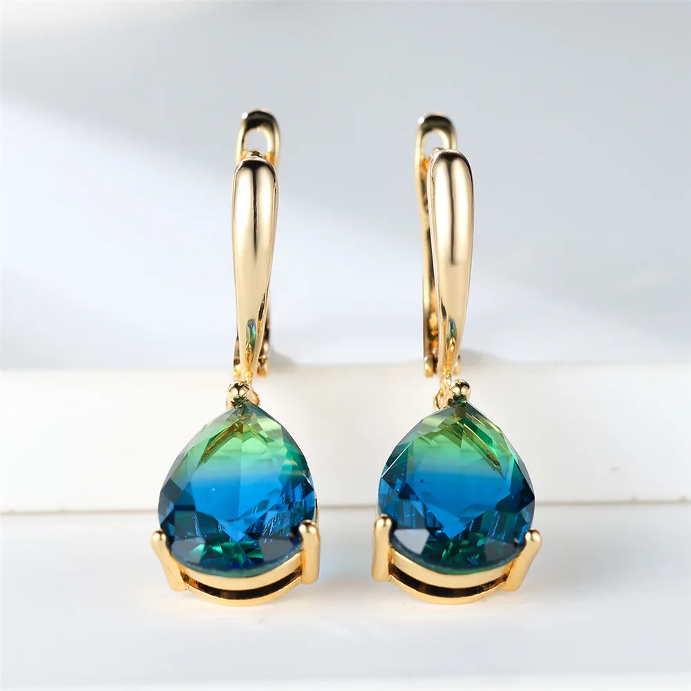 Trendy Crystal Blue Green Rainbow Zircon Stone Hoop Earrings For Women Vintage Gold Color Wedding Jewelry