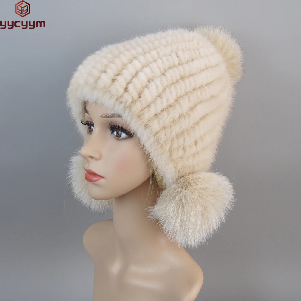 

Real Mink Fur Knitted Hats Autumn Winter Hat Womens Luxury Winter Lady Warm Caps Real Fur Fox Ball Earmuffs Women Knitted Hats
