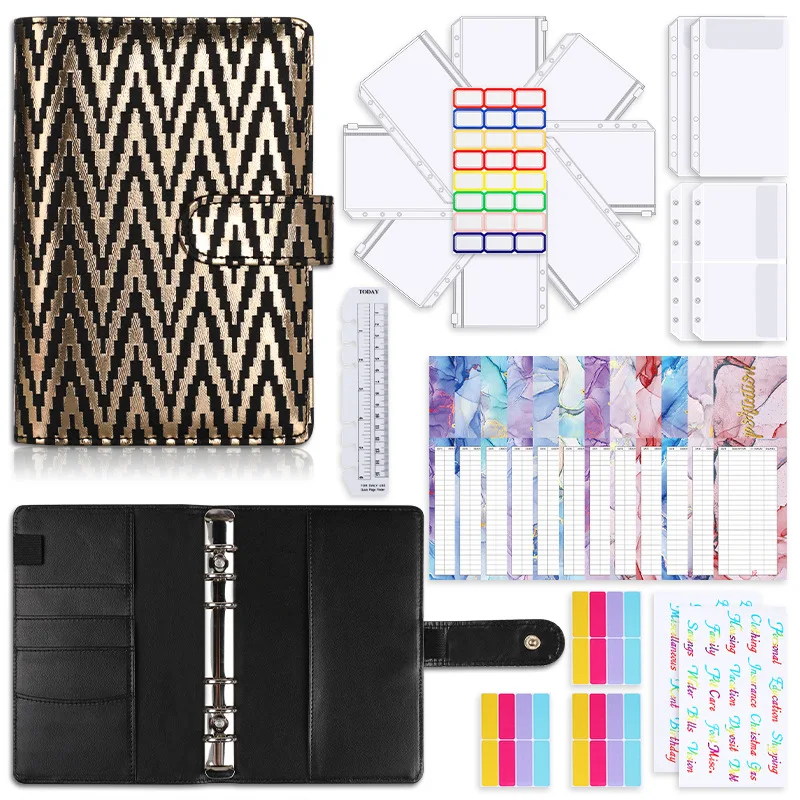 

A6 Binder Ledger With Gold Print Notebook Leather PU6 Hole Loose-leaf Cash Budget Book With 8 Zipper Bags and 12 Budget Cards