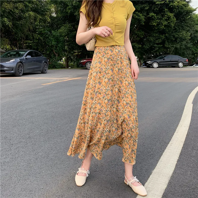 white denim skirt Spring Summer 2021 New Drawstring Floral Skirt Women Purple Gentle Female Fishtail Skirt High Waist Mid Length A-Line Skirts brown skirt Skirts