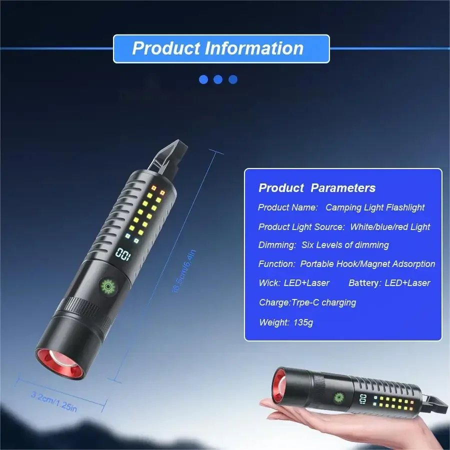 Description Picture 2 of itemRechargeable LED Flashlight with Digital Display 18650 Battery USB Rechargeable Telescopic Zoom Torch for Camping Emergency