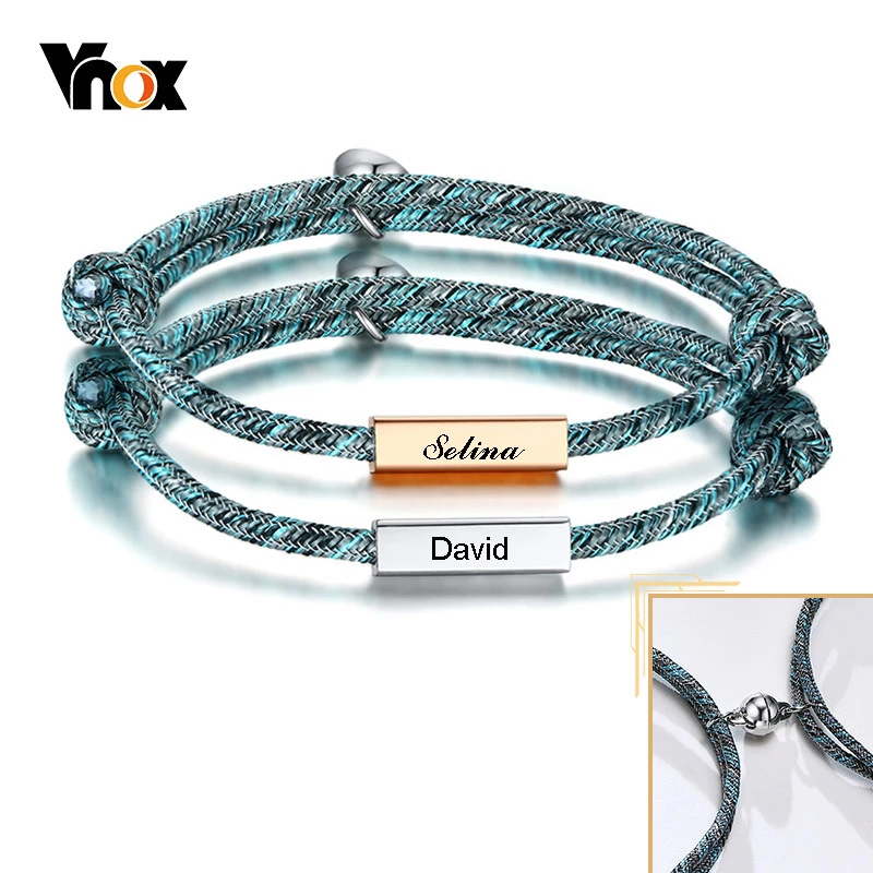 Vnox Pulseras de pareja con grabado personalizado para hombres y mujeres, cuerda de la Amistad trenzada, distancia para atraer joyas, 2 uds.|Personalizado -