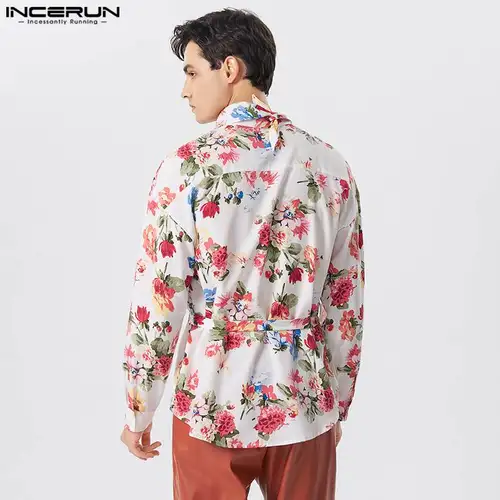 INCERUN 남성 패션 프린트 패턴 벨트 디자인 셔츠, 캐주얼 루즈핏 편안한 긴팔 블라우스, 2023 미국 스타일 4