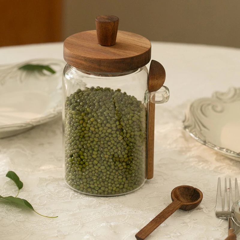 Glass Sealed Acacia Wood Jars With Lids With Small Spoons