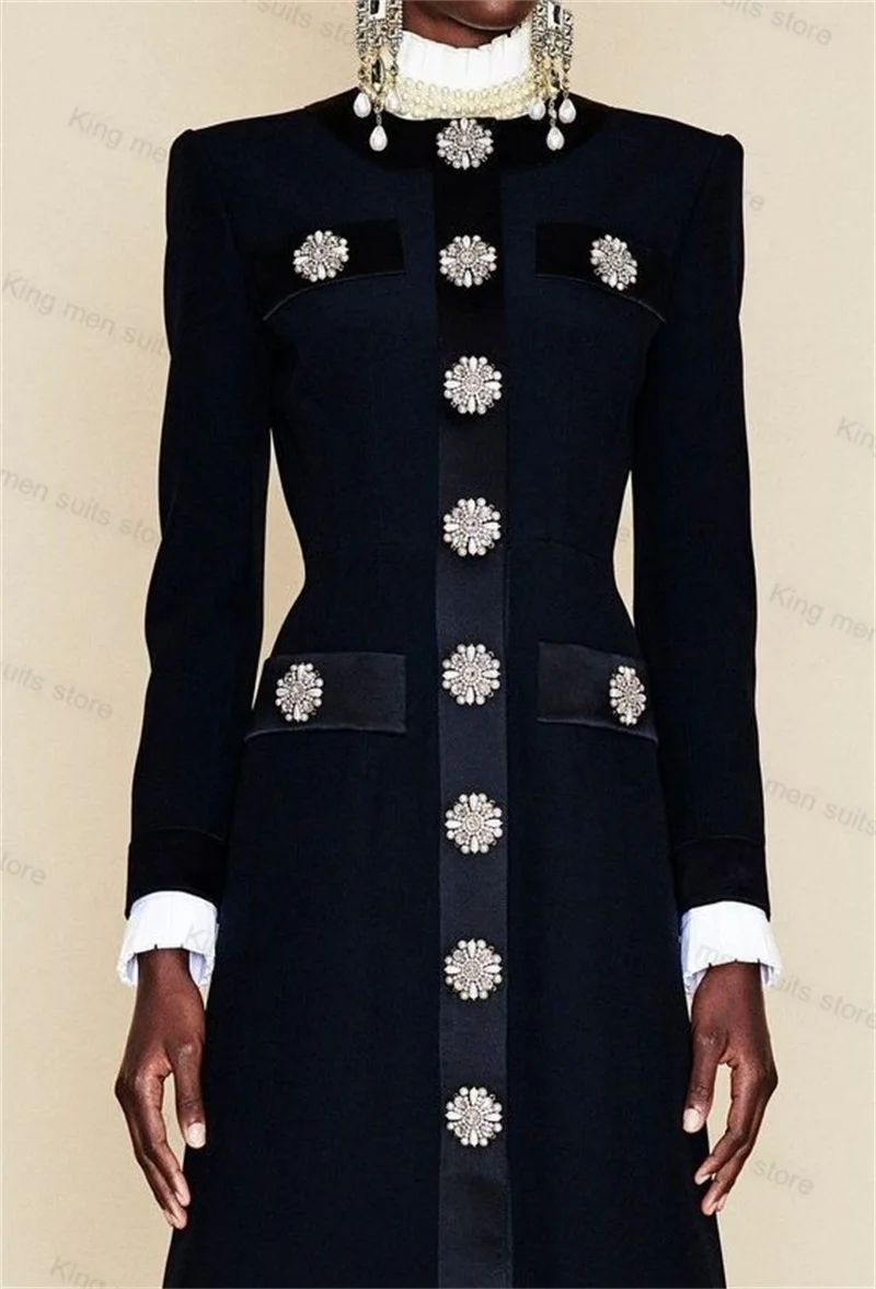 Black women suit skirt 1 piece long prom dress with crystals formal office lady wedding tuxedos jacket blazer