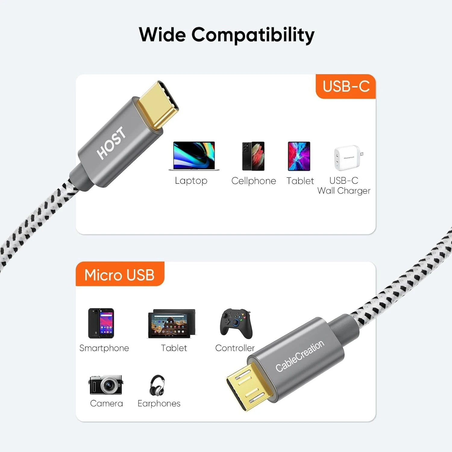케이블크리에이션 짧은 USB C-마이크로 USB 케이블 0.2M, 브레이디드 USBC-마이크로USB OTG 480Mbps 코드