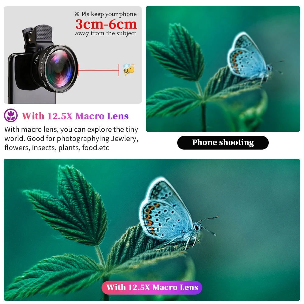 Camera Lens 2 in 1 Phone Lens kit 0.45x Ultra Wide Angle Macro External Cellphones Lens HD Universal Clip 37mm For iPhone Andr