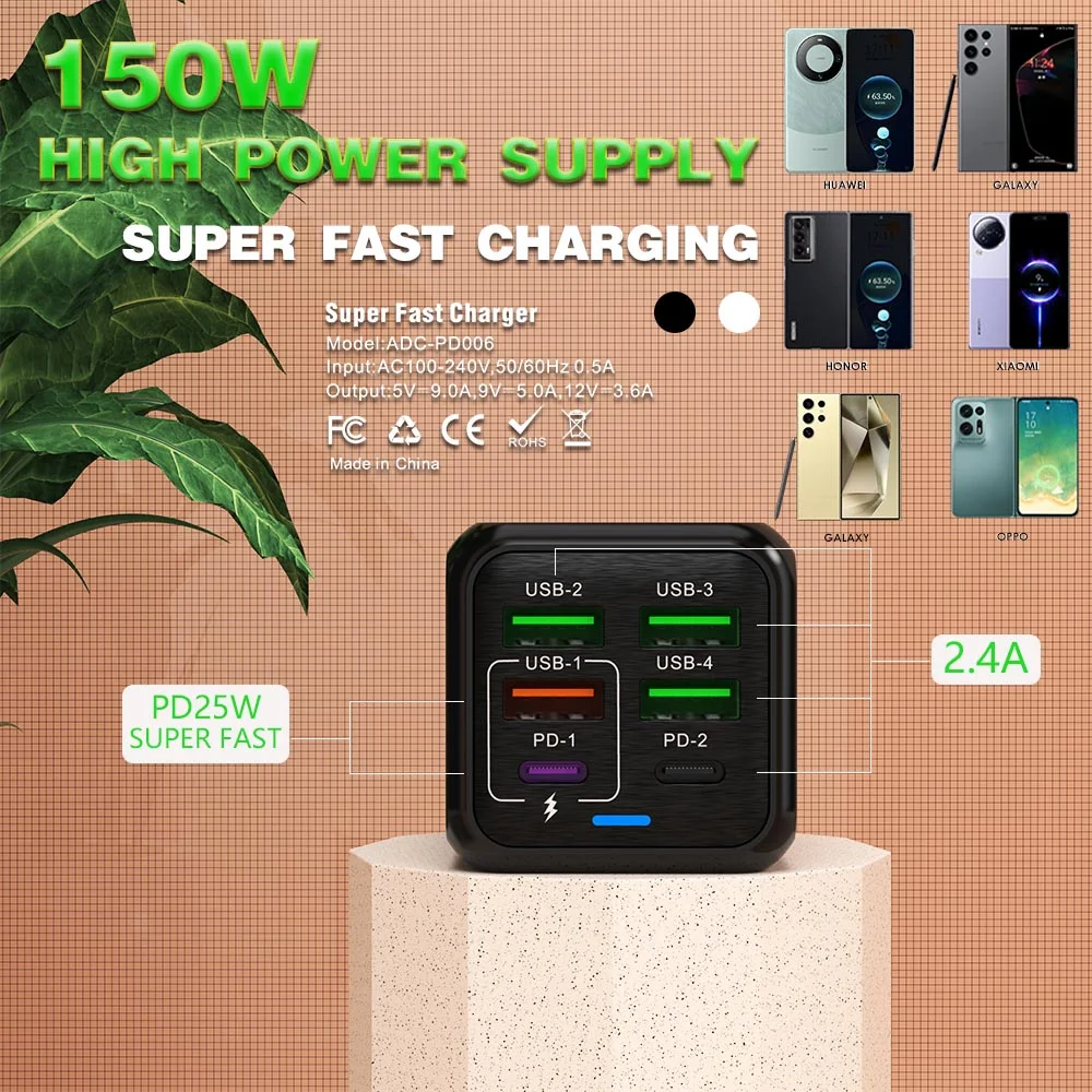 150W 6-Port Dual PD Quick Charge3.0 USB C Fast Charger Wall Adapter High Speed Charging For iPhone Samsung Xiaomi Huawei OnePlus