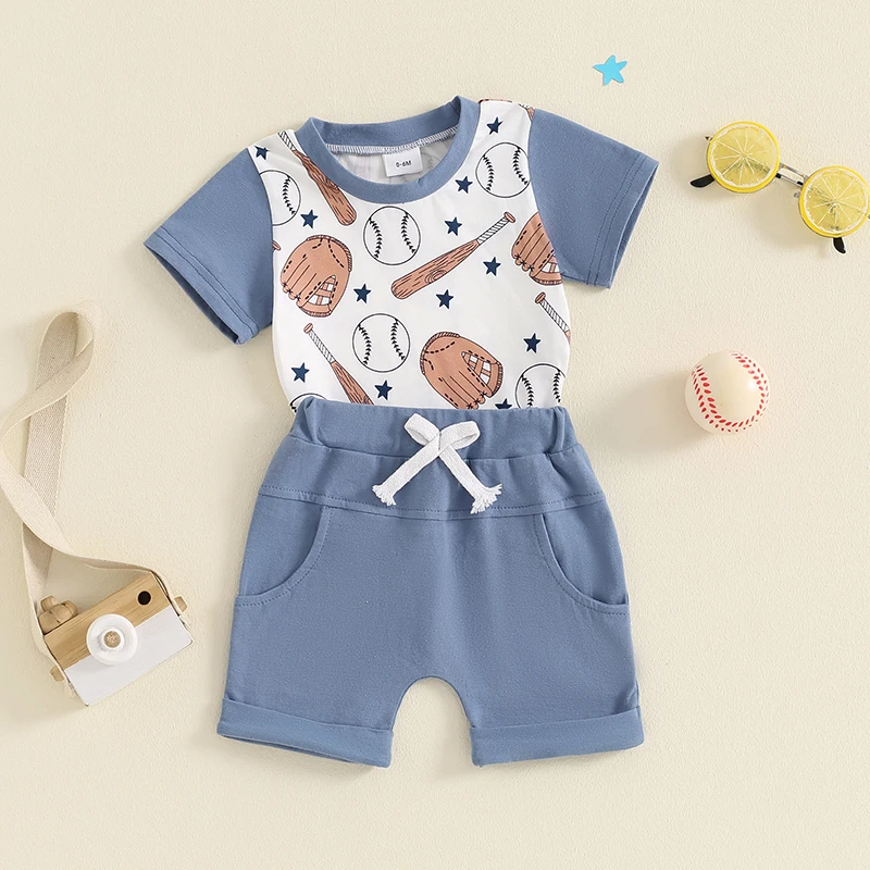Summer Toddler Baby Boy Outfits Short Sleeve Baseball Print Tops + Shorts Set Casual Clothing