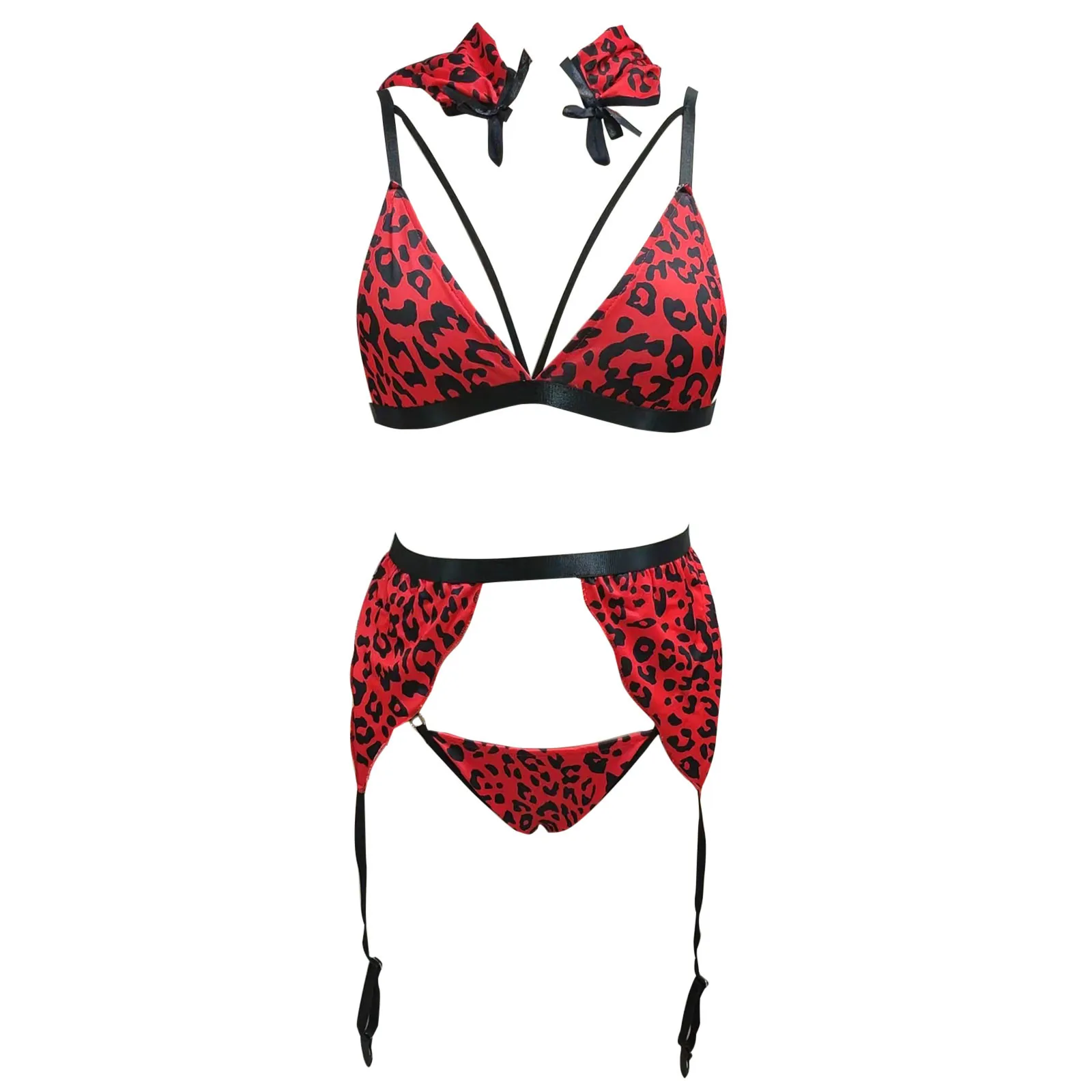 Women Lingerie Set Leopard Print Underwear Bra And Panty Garters With Belt&Wrist Plus Size Sexy Lingerie For Women Porn Babydoll