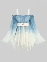 ROSEGAL Plus Size Ombre Print Cold Shoulder Blouse Flare Sleeves Asymmetrical Top For Women 2025 Autumn New Hot Stamping Detail