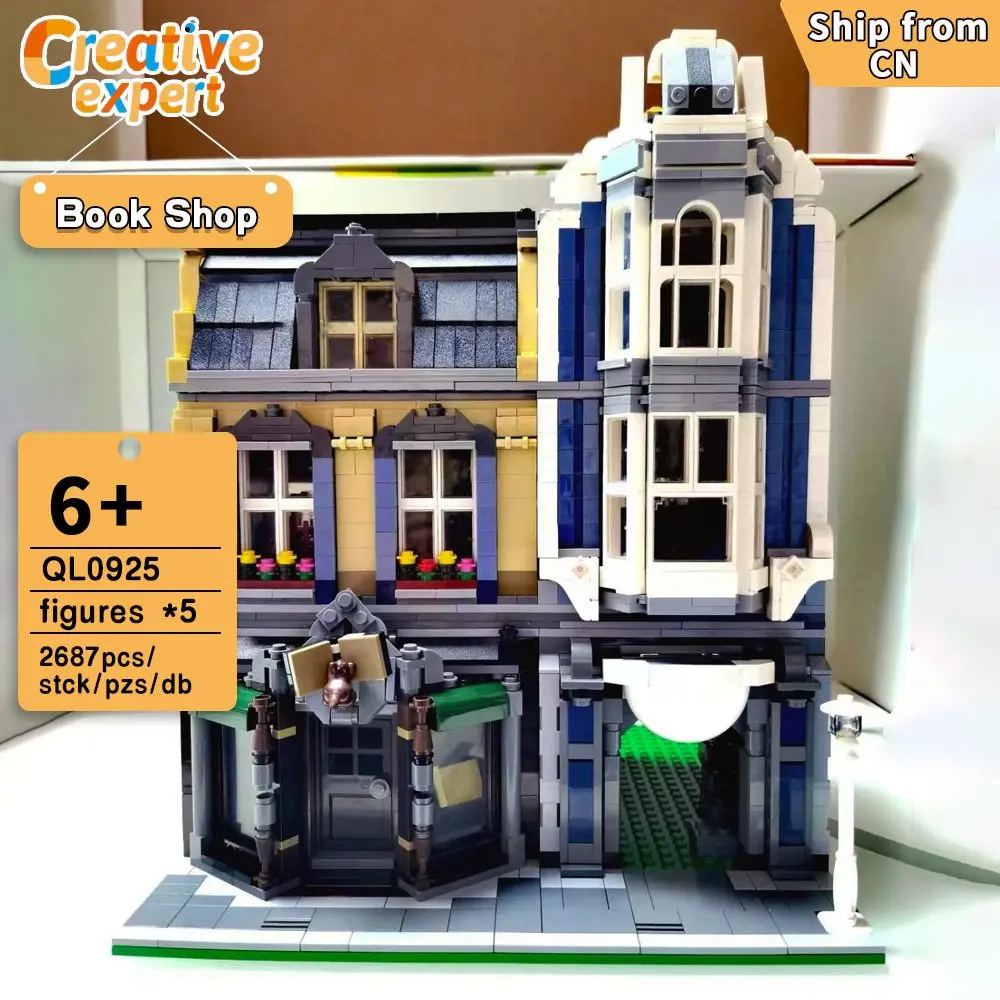 

QL0925 Creative Expert Moc City Street View Book Shop Store Brick Modular House Model Building Blocks Toys Bookstore 2687pcs