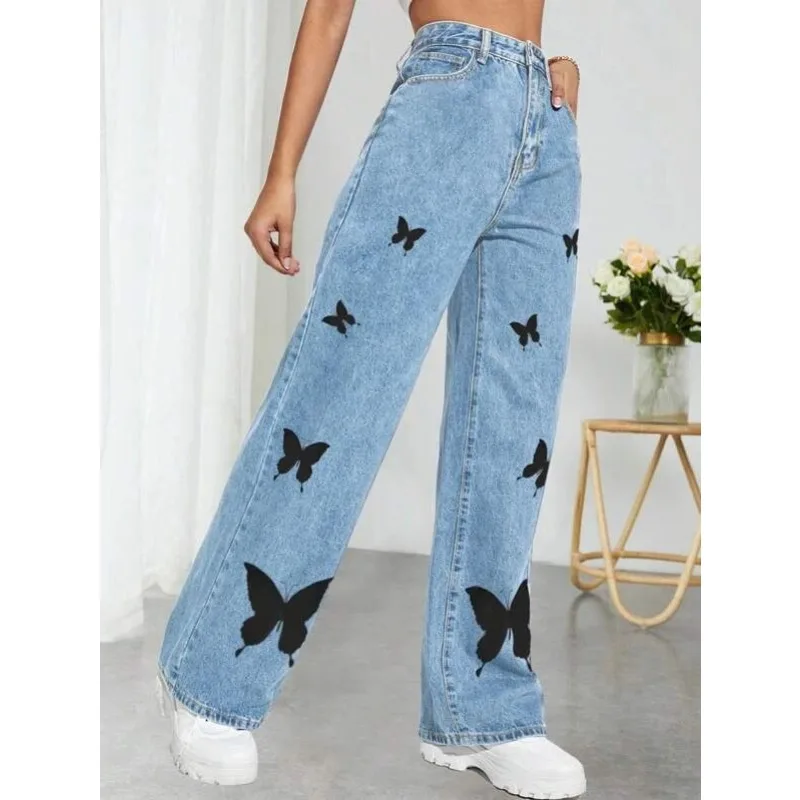 

Wepbel Butterfly Print Jeans Women Street Wide Leg Denim Pants Washed Pockets High Waist Wash Jeans Streetwear Denim Trousers