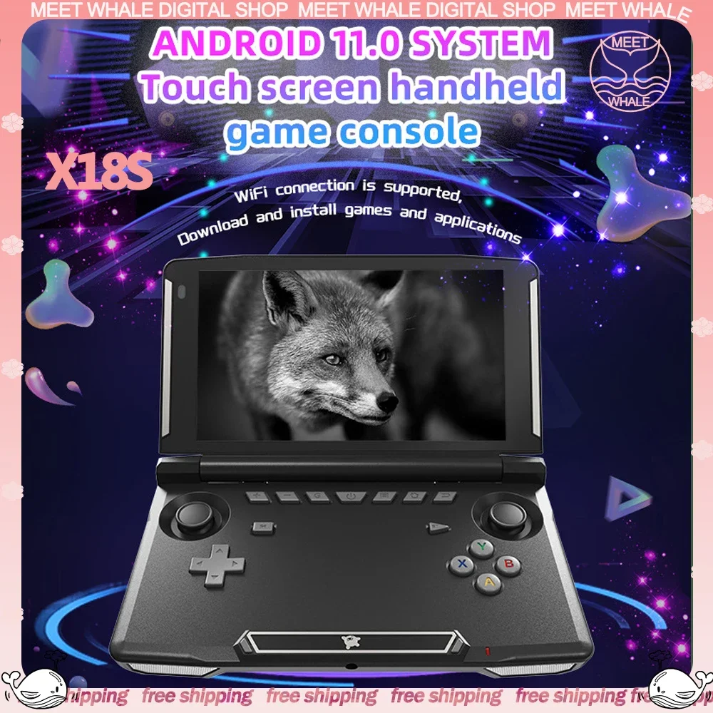 Nuovo Powkiddy Black X18S X18 Lettori Di Videogiochi Sistema Android Console Portatile 5.5 Pollici Flip Touch Schermo Ips T618 Chip Ps2 Regalo