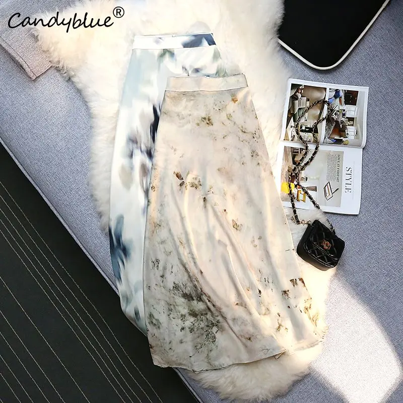 

Skirts For Women 2023 Summer New Ink Print High Waist Vintage Style A-line Mid Length Half Skirt Elegant Casual Female Clothing