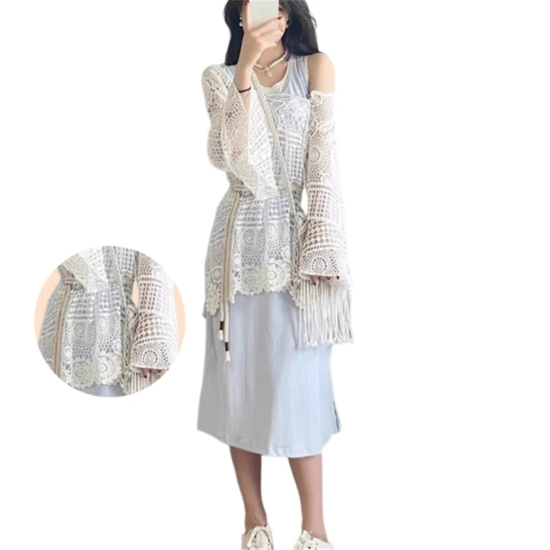 

Womens Bohemian Tie Front Neck Flared Long Sleeve Dress Hollowed Out Crochet Flower Loose Beach Swimsuit Cover Up Top