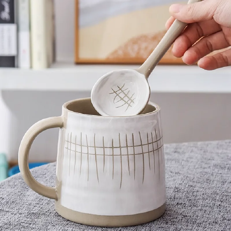 

Japanese coffee cups retro rough pottery mugs spoons office household drinking cups