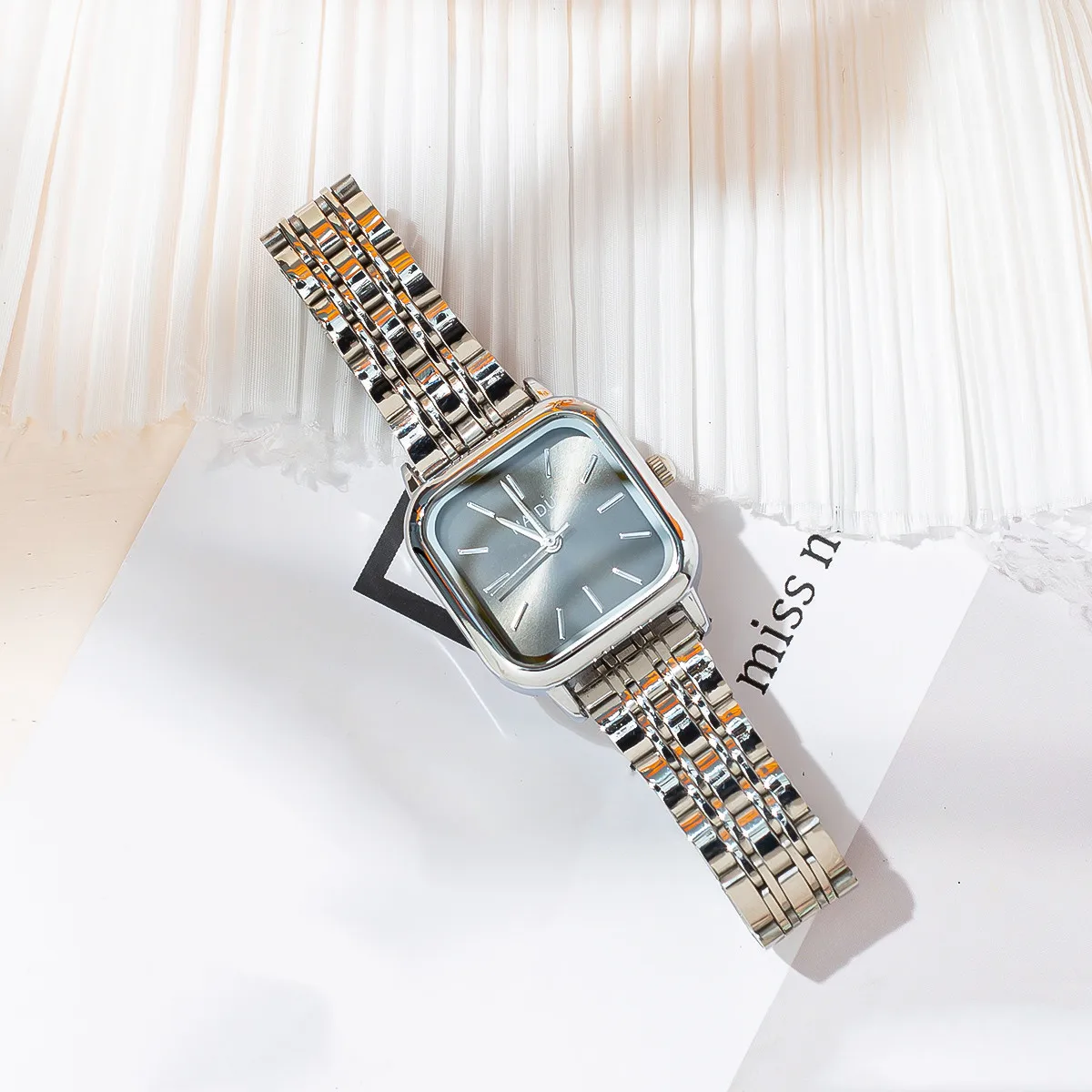 fashion simple square dial women quartz steel watch 2