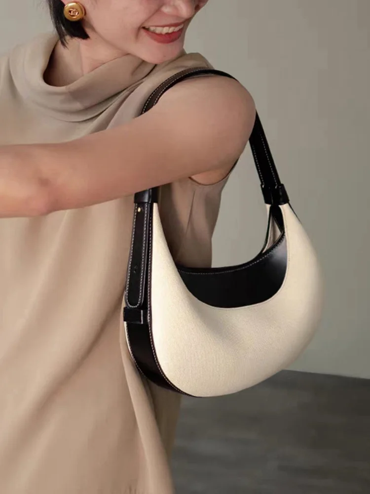 Summer Vintage Small Women's Shoulder Bag Casual Fashionable Soft canvas PU Material Underarm Bag Single Zipper Closure