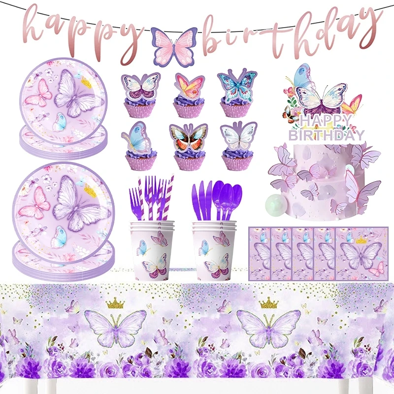 Purple Butterfly Theme Disposable Tableware Set Butterfly Plate Cup Napkin Banner Girls Baby Shower Birthday Party Supplies