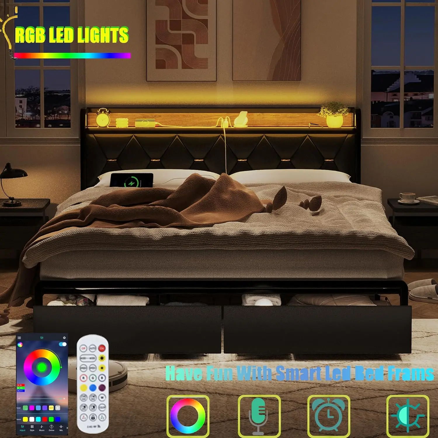 King Size Bed Frame with Headboard and Storage Drawers, Upholstered Black Platform Bed Frame with Storage Typ-C Charging Port 6