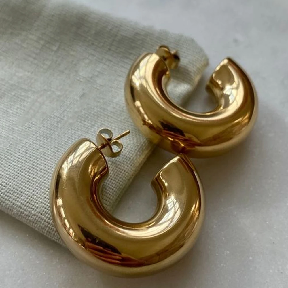 Punk Classics C Shape Open Round Circle Chunky Hoop Earrings Fashion Women Stainless Steel Smooth Thick Tube Huggie Ear Rings