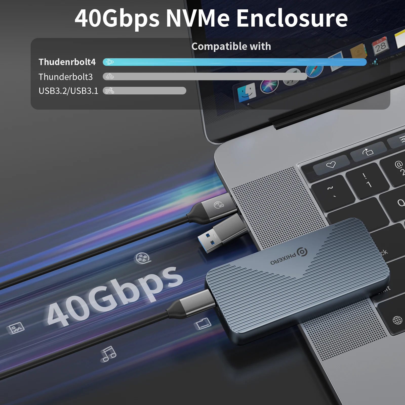 Phixero-gabinete Ssd Nvme em Alumínio Case M.2 Compatível com Thunderbolt Usb 3.2 Usb 3.1 3.0 Tipo-c 40gbps Pcie3.0 - Imagem 6