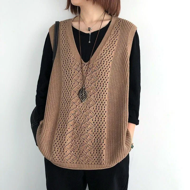

Loose Vintage Woven Pullover Hollow Thin Vest Women Fashion Sleeveless Waistcoat for Outerwear Ladies Vest Spring Autumn