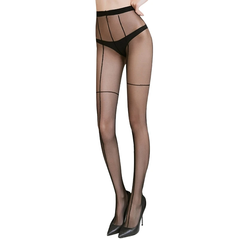 

Womens Sexy Crosses Striped Patterned Tights Faux Thigh-Ring Front Back Seam Jacquard See Through Pantyhose Stockings T8NB