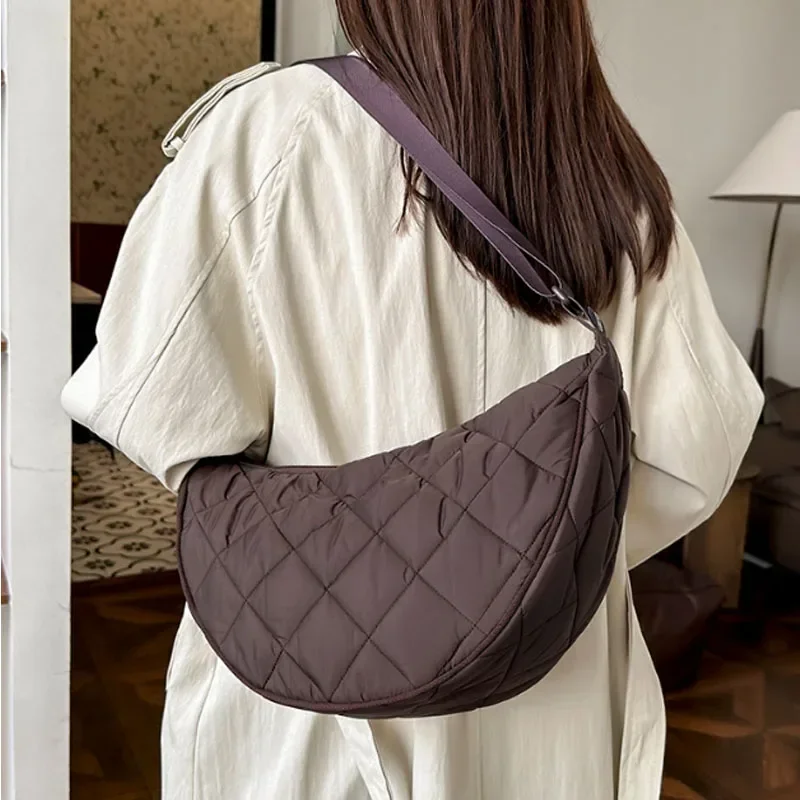 Waist Half Moon Belt Bag Solid Color Crossbody Bag Large Capacity Shoulder Bags Portable Nylon Plaid Travel Bags for Commuting