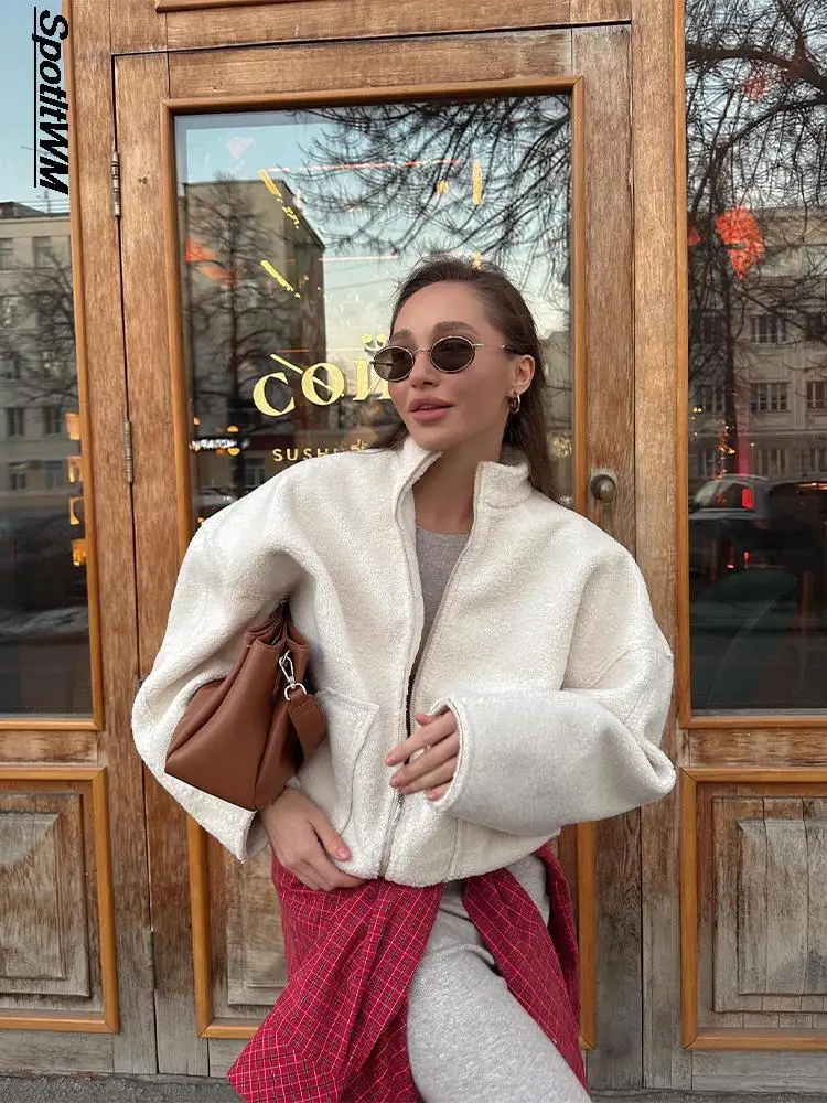 

Elegant Stand Collar Zipper Woolen Jacket Women Winter Warm Long Sleeve Pockets Female Coat Fashion Loose Lady Street Outerwear
