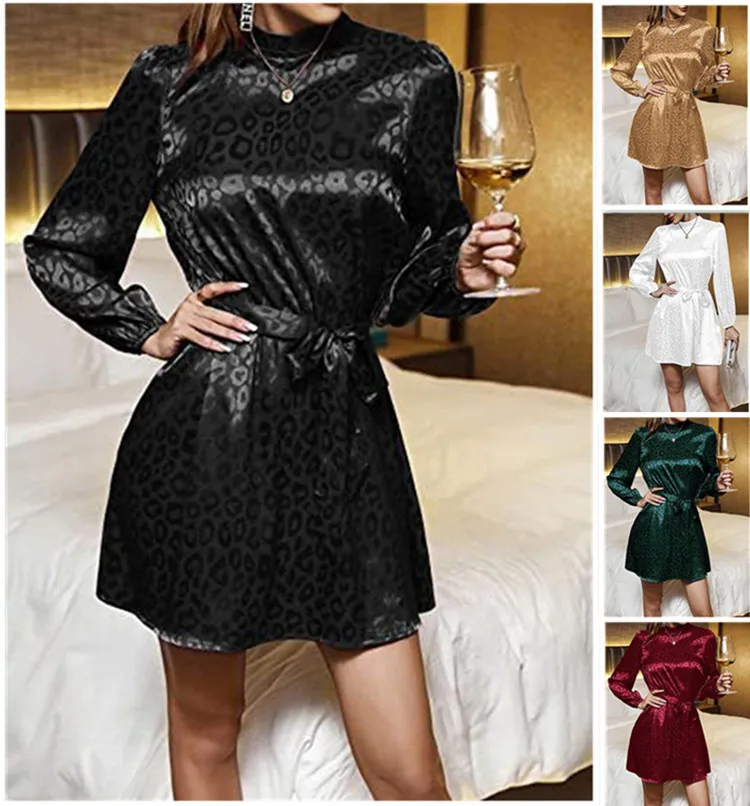 

Women Elegant Faux satin party dress Spring casual o neck Leopard print mini dress Office Lady Puffle Long sleeve belt dress