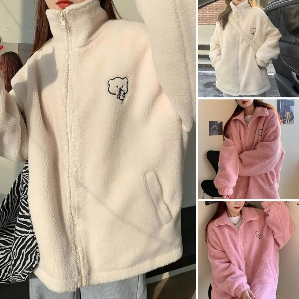 

Women Jacket Winter Imitation Lambswool Jacket Cartoon Bear Pattern Sweatshirt Coat Thickened Plush Outwear for Women Women