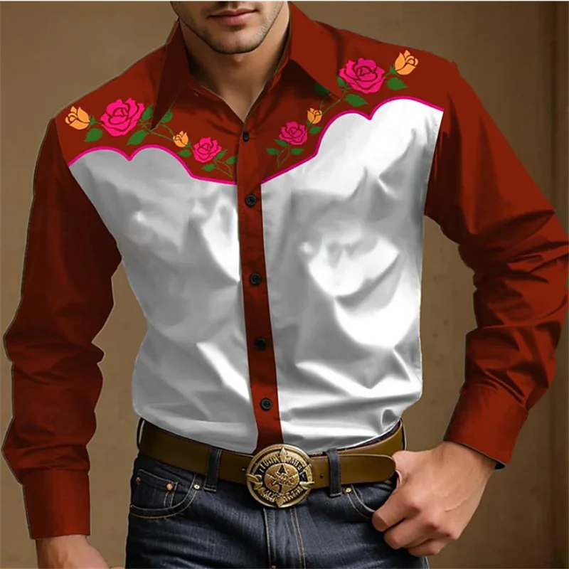 

Western Shirt Men's Denim Floral Button-Down Shirt Outdoor Festival Men's Top Soft and Comfortable Retro Lapel S-6XL
