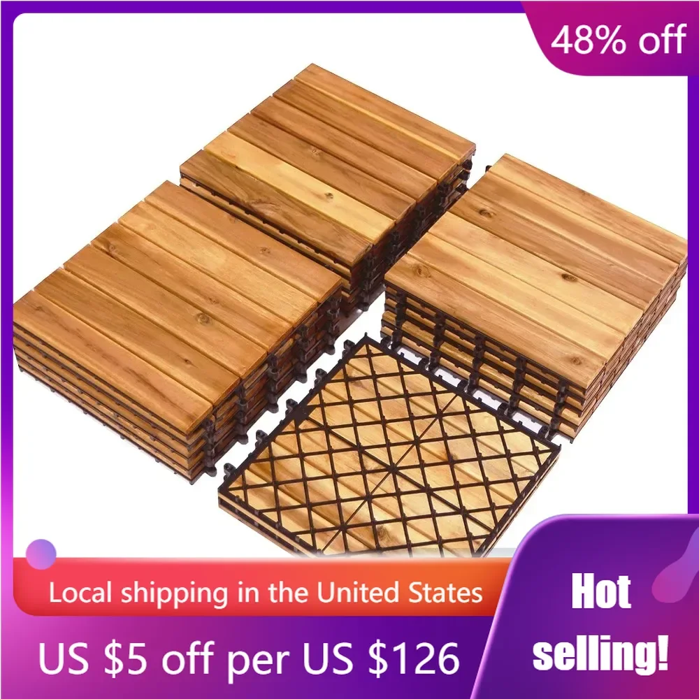 27 PCS Interlocking Patio Deck Tiles,12 x 12in Hardwood Floor Tiles, Tools Free Assembly, 27 sq. Ft Wood Composite Deck Flooring