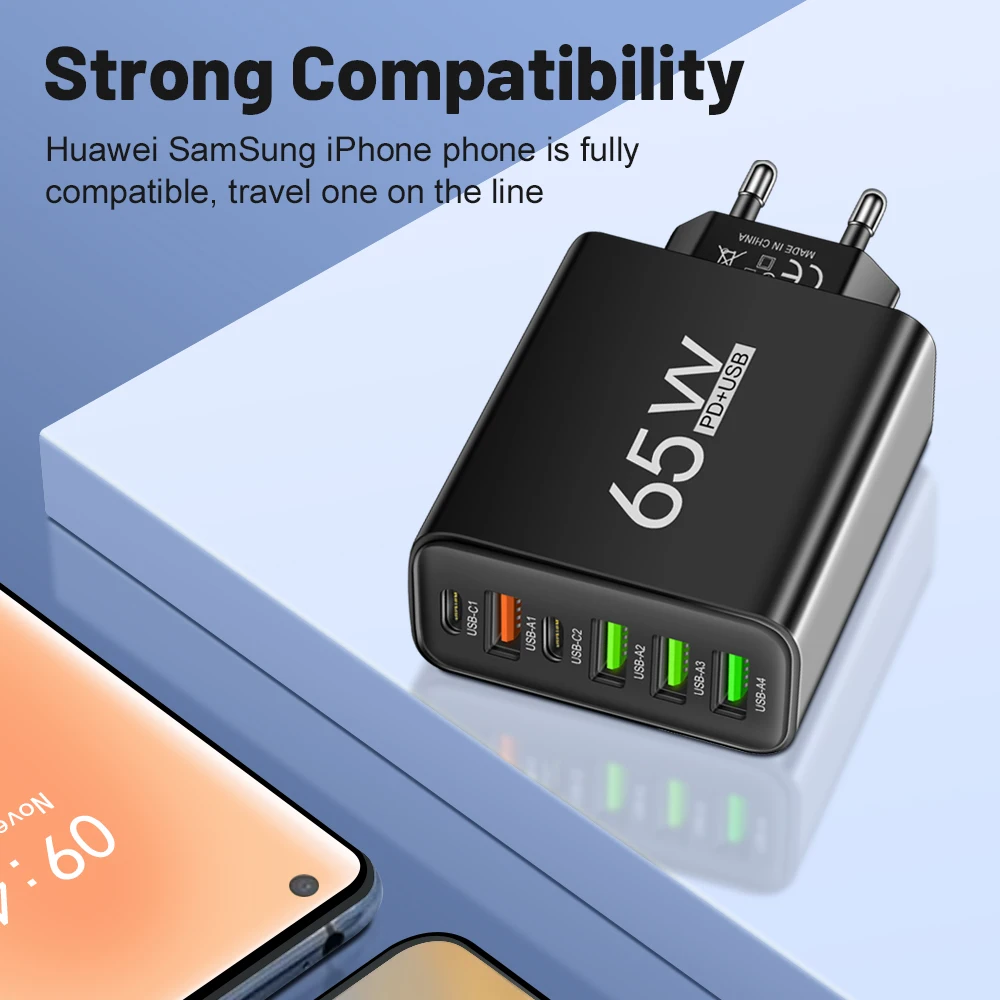 Total 65W USB C Charger 6 Ports Fast Charging Wall Charger for iPhone 15 14 Pro Max Samsung Xiaomi Mobile Phone Charge