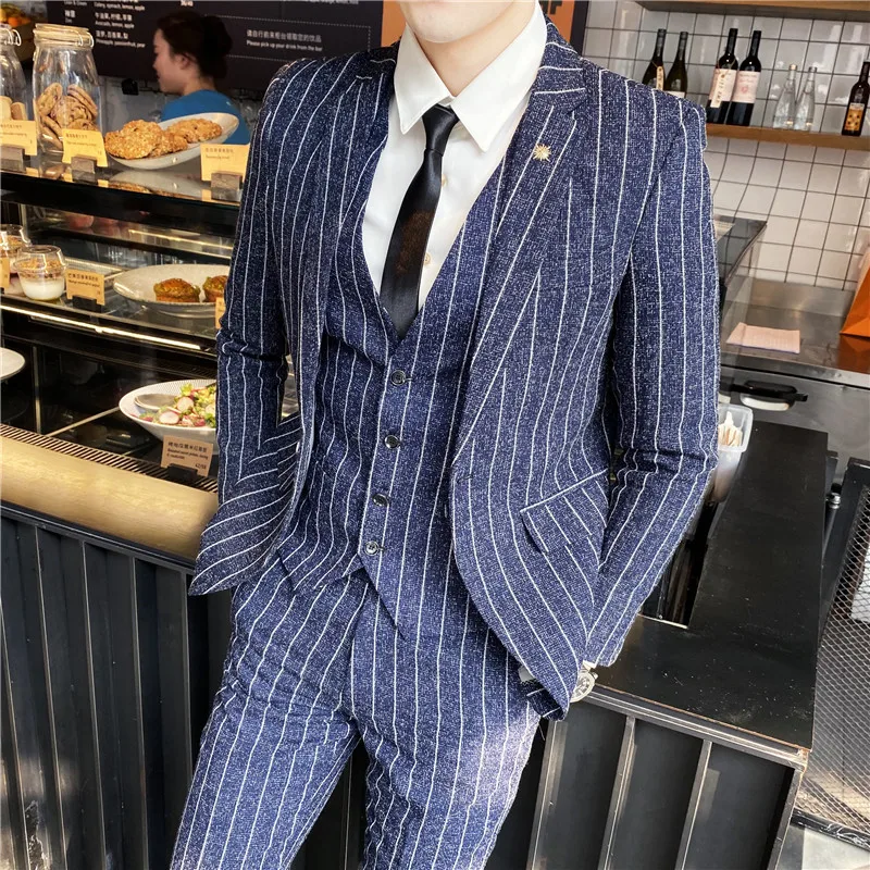 Men's Suit Fashion Khaki Stripes Business Office Formal Male Jacket Set Elegant Wedding Banquet 3 Piece ( Blazer + Pants +Vest )