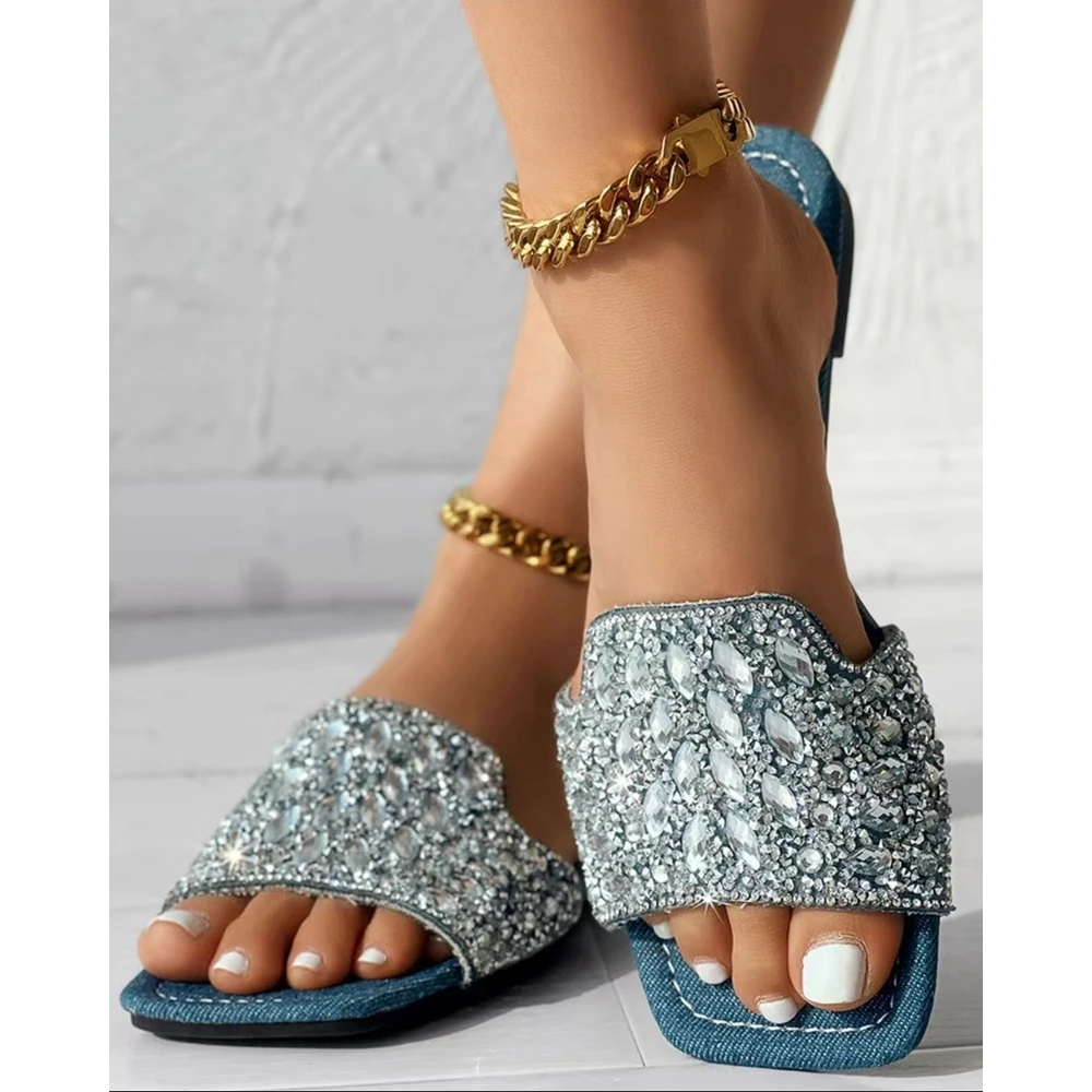 Summer Casual Women Rhinestone Denim Design Outdoor Slippers Wide Strap Beach Flats Sandals Shoes Going Out Summer Shoes