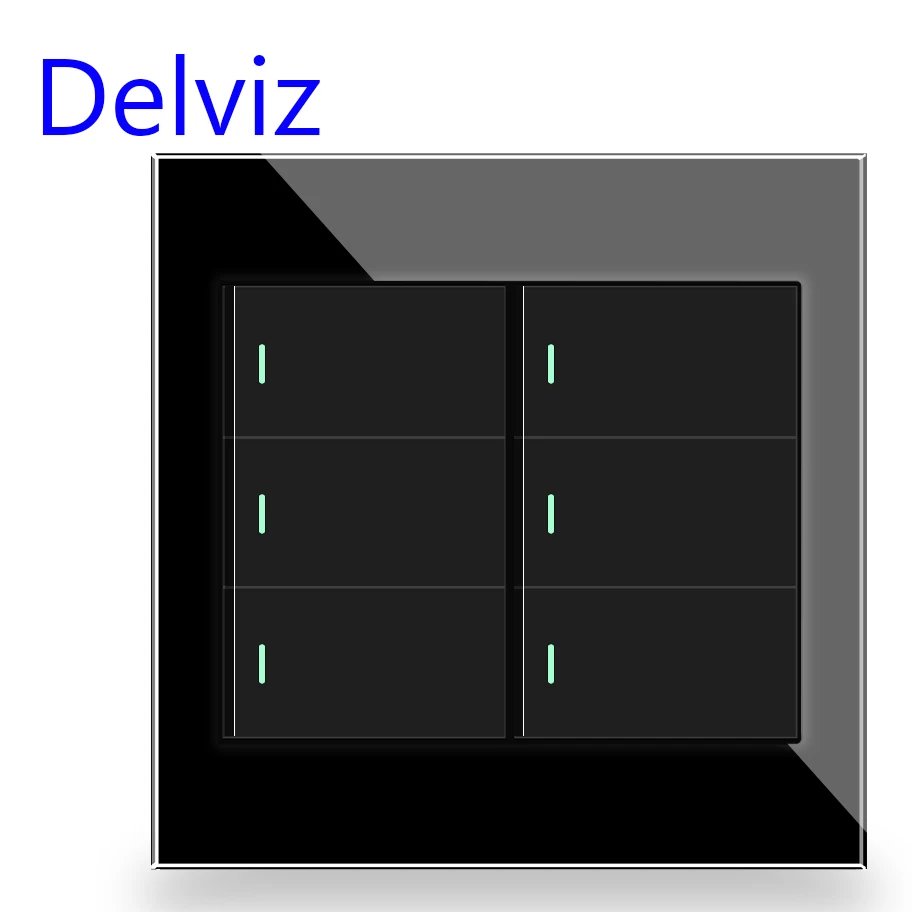 Delviz 16A Wall Light Switch, Brazil 120mm*120mm White/Black Tempered glass panel, AC 110V~250V, 6 Gang 2 Way Push Button Switch