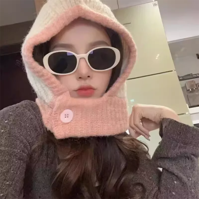 Japanese Retro Women's Balaclava Hat with Scarf Winter Warm Knit Cap Neck Cold Proof Fashion Color Matched Female Headwear 6