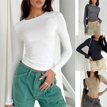 2024 Women Casual Long Sleeve T-Shirts Spring Autumn Solid Slim Fit Pullovers Tees Shirts Female Streetwear Base Tees Lady Tops