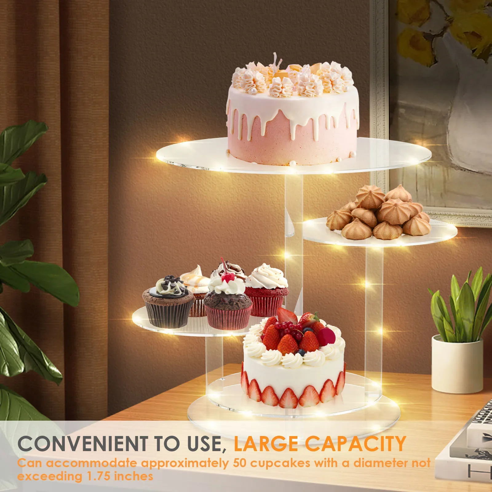 4-Tier Acrylic Cake Stand With LED Light Dessert Cupcake Tray Glow Showcase Holder For Weddings Birthday Party Decoration